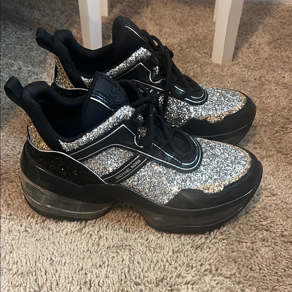 Michael Kors Olympia Silver and Black Glitter Sneakers
